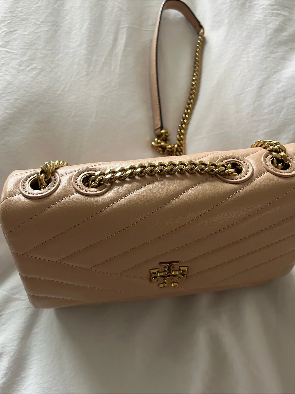Tory Burch Quilted Chevron Shoulder Bag in Nude Beige with Gold Hardware